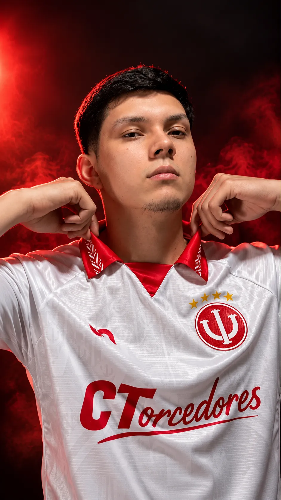 Modelo vestindo camisa branca e vermelha da Rádio Inferno